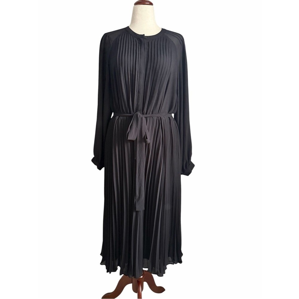 H&M Black Pleated Midi Dress XL Long Sleeve Tie Waist Sheer Elegant Career